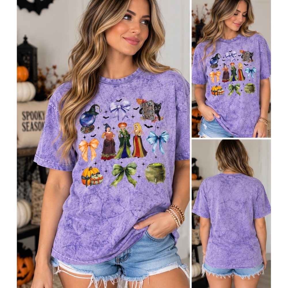 Comfort Colors Hocus Pocus Sanderson Sisters Halloween Bows Purple Tee Small